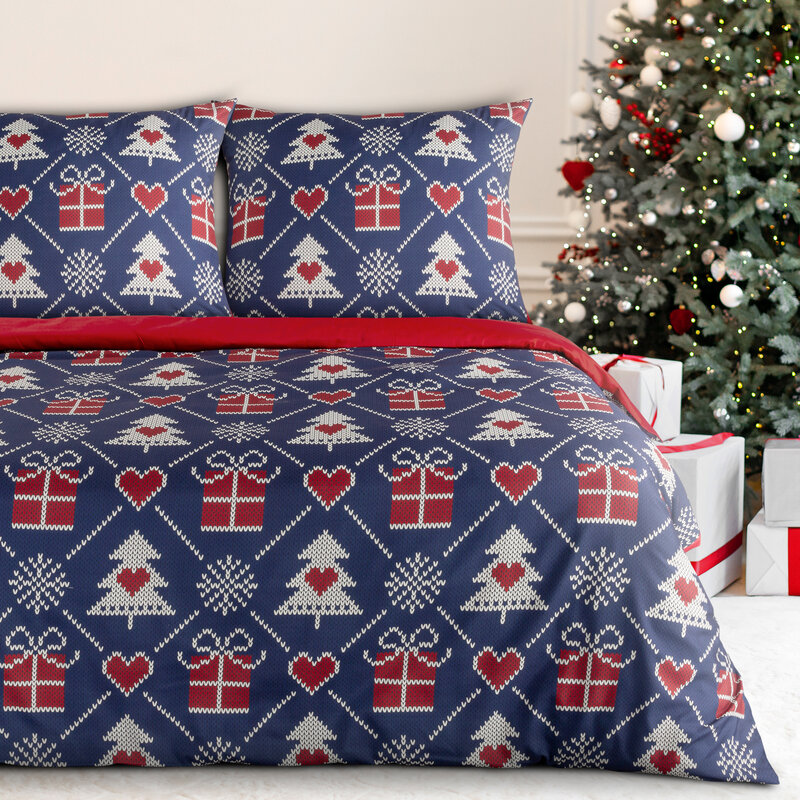 ArtFir Vánoční povlečení na jednolůžko MERRY | tmavě modrá/červená 140 x 200 cm